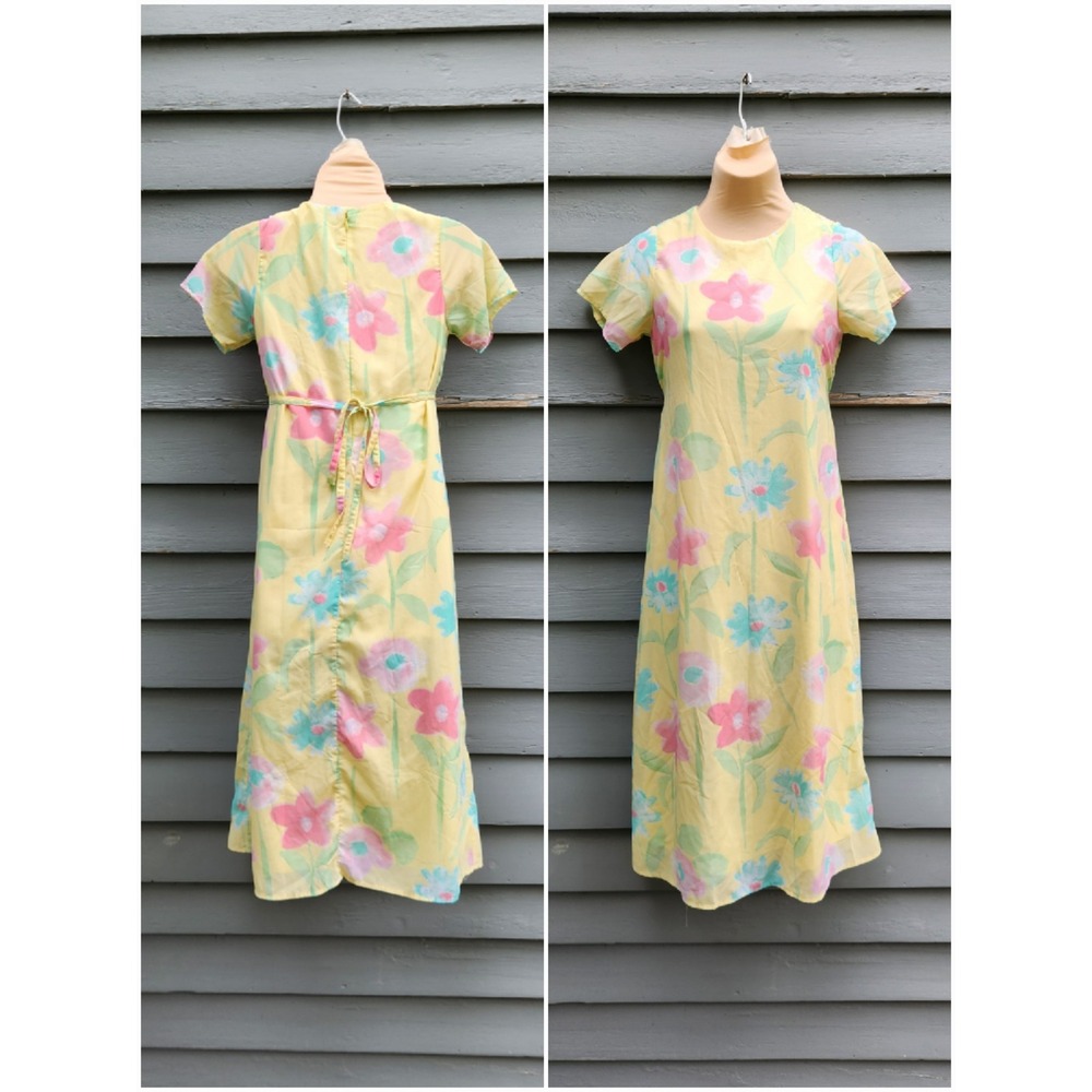 Vintage 90s Copper Key Girls Yellow Floral Short Sleeve A-Line Midi Dress 12